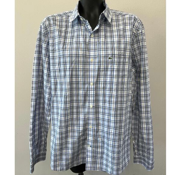 Lacoste Alligator Dress Shirt Sz 44 Plaid 
White Blue Black Long Sleeves Preppy - Picture 1 of 7